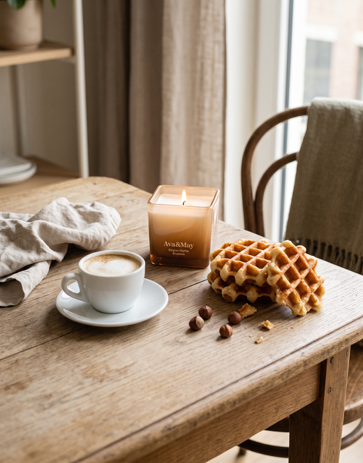 La Candela Ava&May Belgian Waffle 220 grammi accesa è appoggiata su un tavolo di legno di un locale con attorno una tazza di cappuccino schiumoso, delle nocciole e dei waffle belgi. 