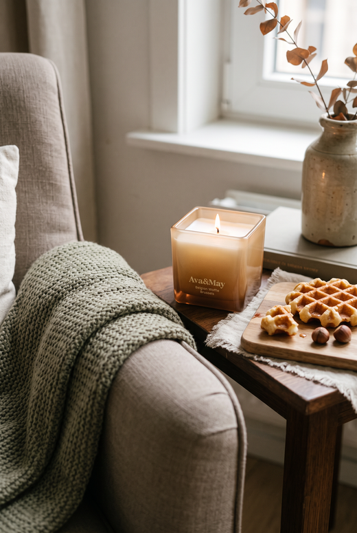 La Candela Ava&May Belgian Waffle 220 grammi accesa è appoggiata su un tavolino di legno vicino a una poltrona beige con una coperta di lana. Vicino alla candela c‘è un waffle belga e un vaso di fiori 