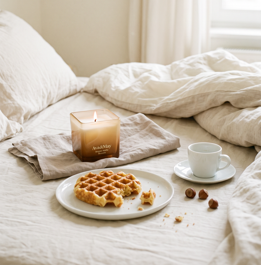 Candela Ava&May Belgian Waffle 220 grammi accesa e appoggiata su un letto disfatto, con un waffle belga e una tazzina di caffe e delle nocciole