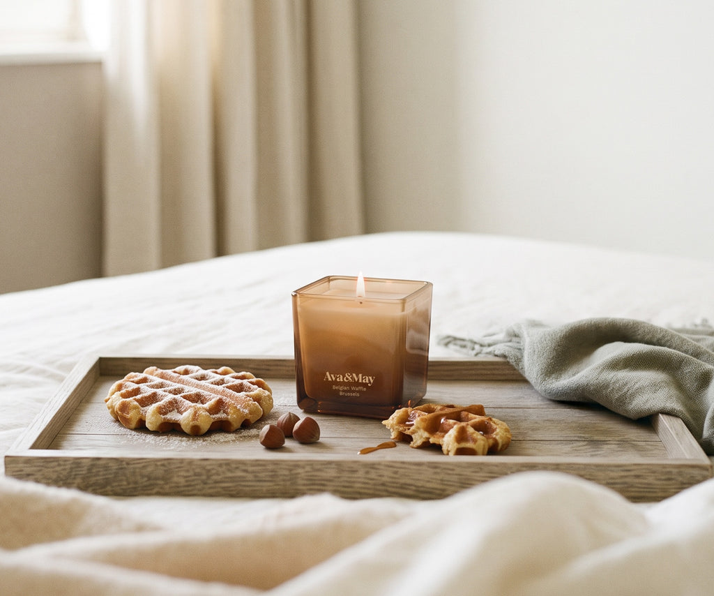 La Candela Ava&May Belgian Waffle 220 grammi accesa è appoggiata su un vassoio di legno e sopra a una tovaglia con attorno dei dolcetti waffle e delle nocciole
