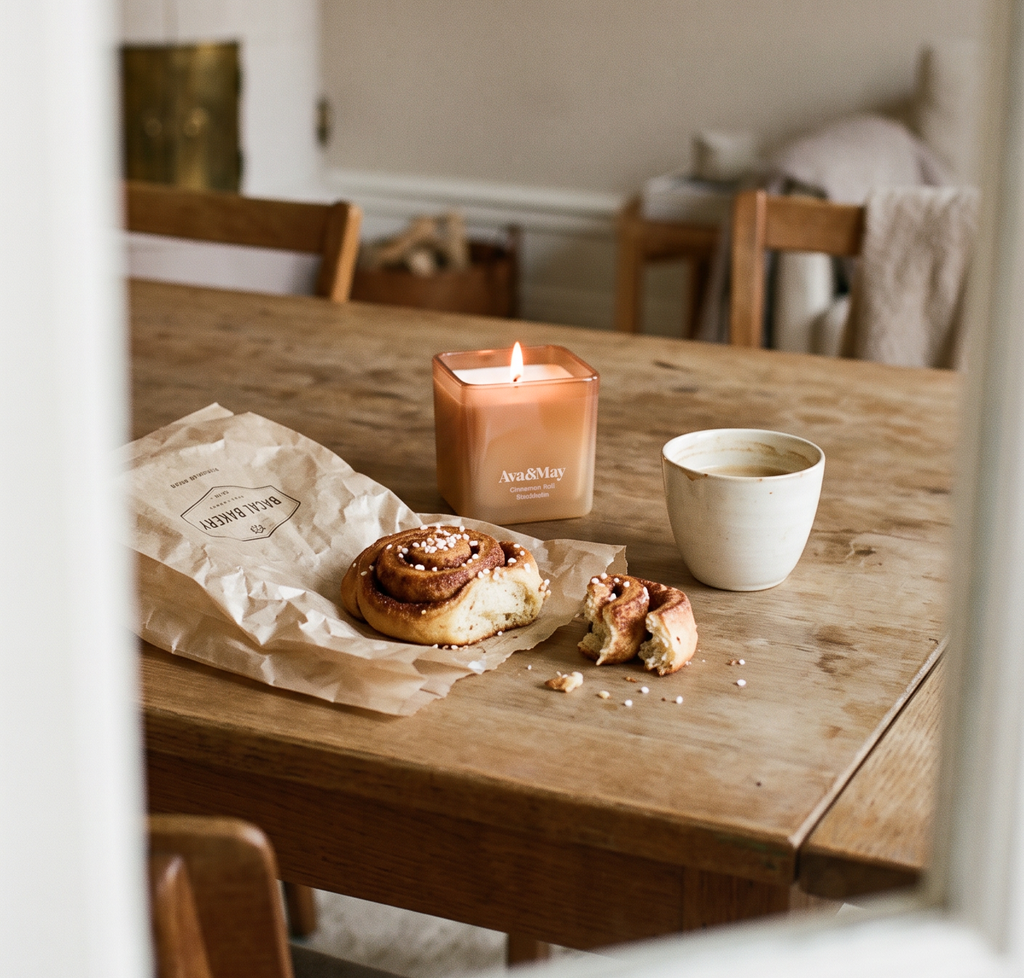 Candela Cinnamon Roll 220 grammi di Ava&May accesa su un tavolo di legno di una sala da pranzo con vicino una tazza di caffè e un dolcetto alla cannella di un panificio
