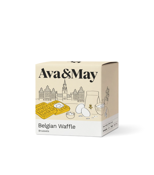Scatola candela Ava&May Belgian Waffle 220 grammi con illustrazione dello skyline di Bruxelles