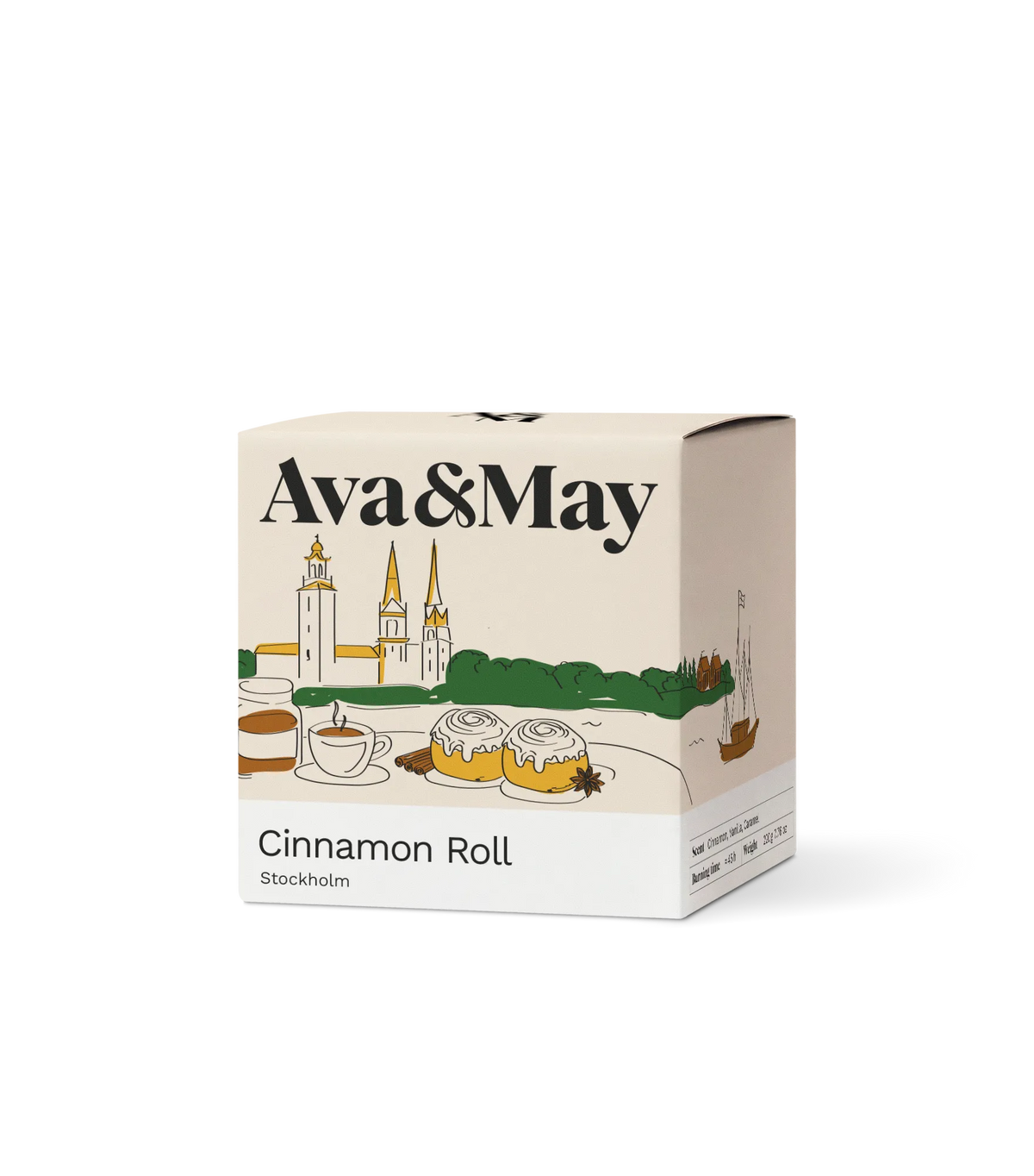 Scatola candela Ava&May Cinnamon Roll 220 grammi con illustrazione della città di Stoccolma
