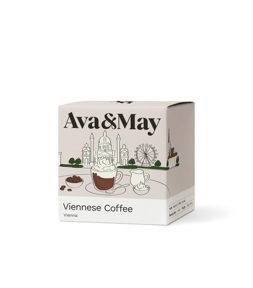 Scatola candela Ava&May Viennese Coffee 220 grammi con illustrazione della città di Vienna e attrazioni