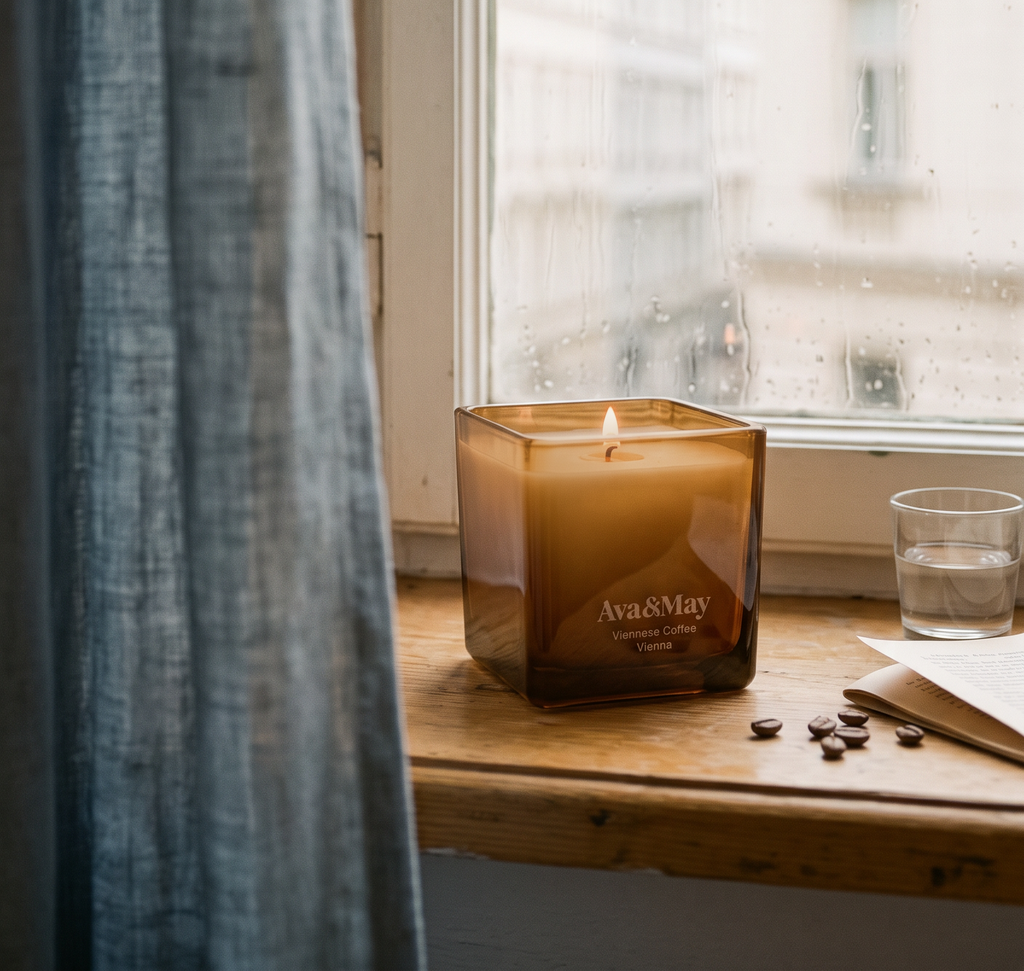 Candela Ava&May Viennese Coffee accesa su un davanzale mentre fuori piove