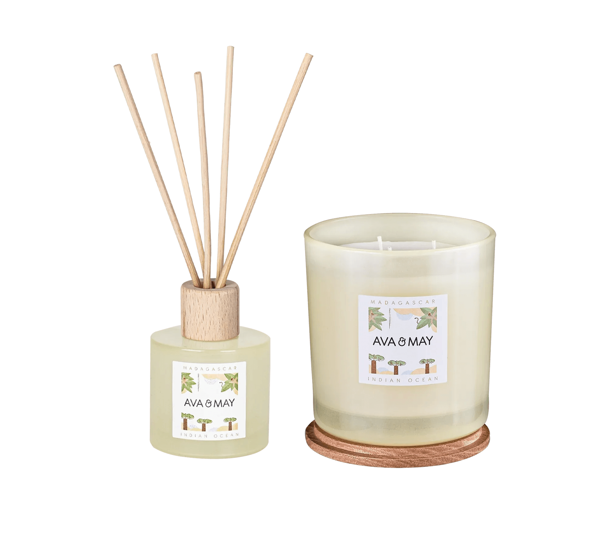 AVA & MAY Set Profumato Bahamas, Vegano: Diffusore 100ml E Candela 180g, Fragranza Cocco, Monoi E Vaniglia